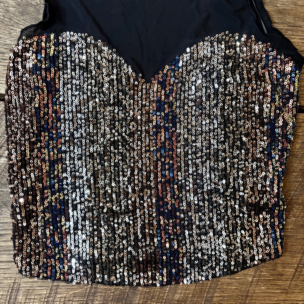 Davi & Dani Black Sequin Mesh Top Short Sleeve He… - image 2